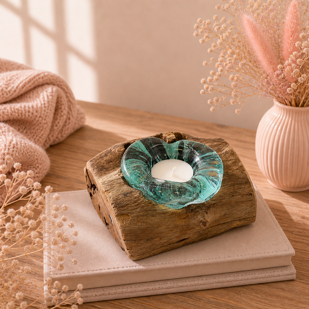 Porte-bougie en verre fondu sur bois