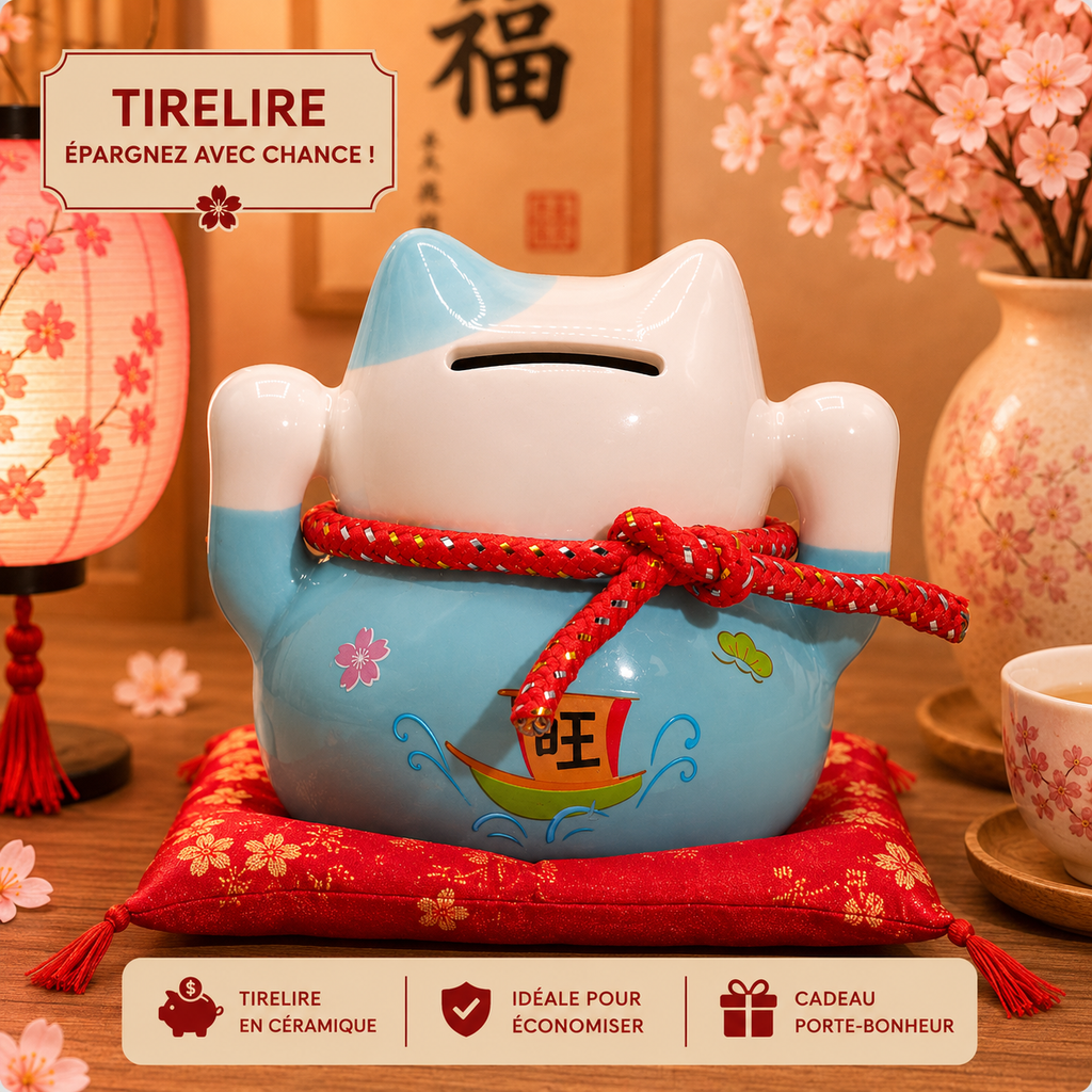 Tirelire Maneki neko en céramique sur coussin - Bleu