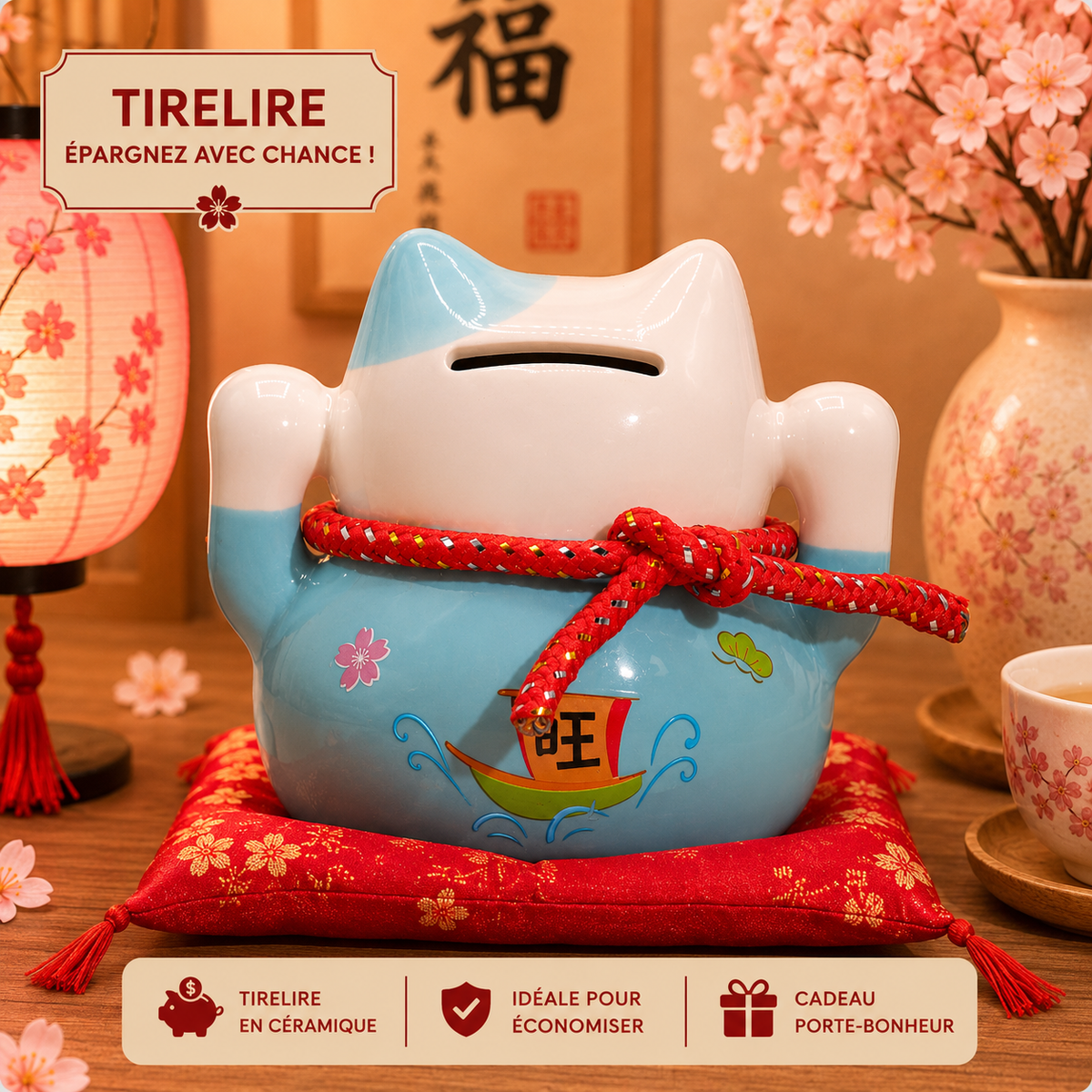 Tirelire Maneki neko en céramique sur coussin - Bleu