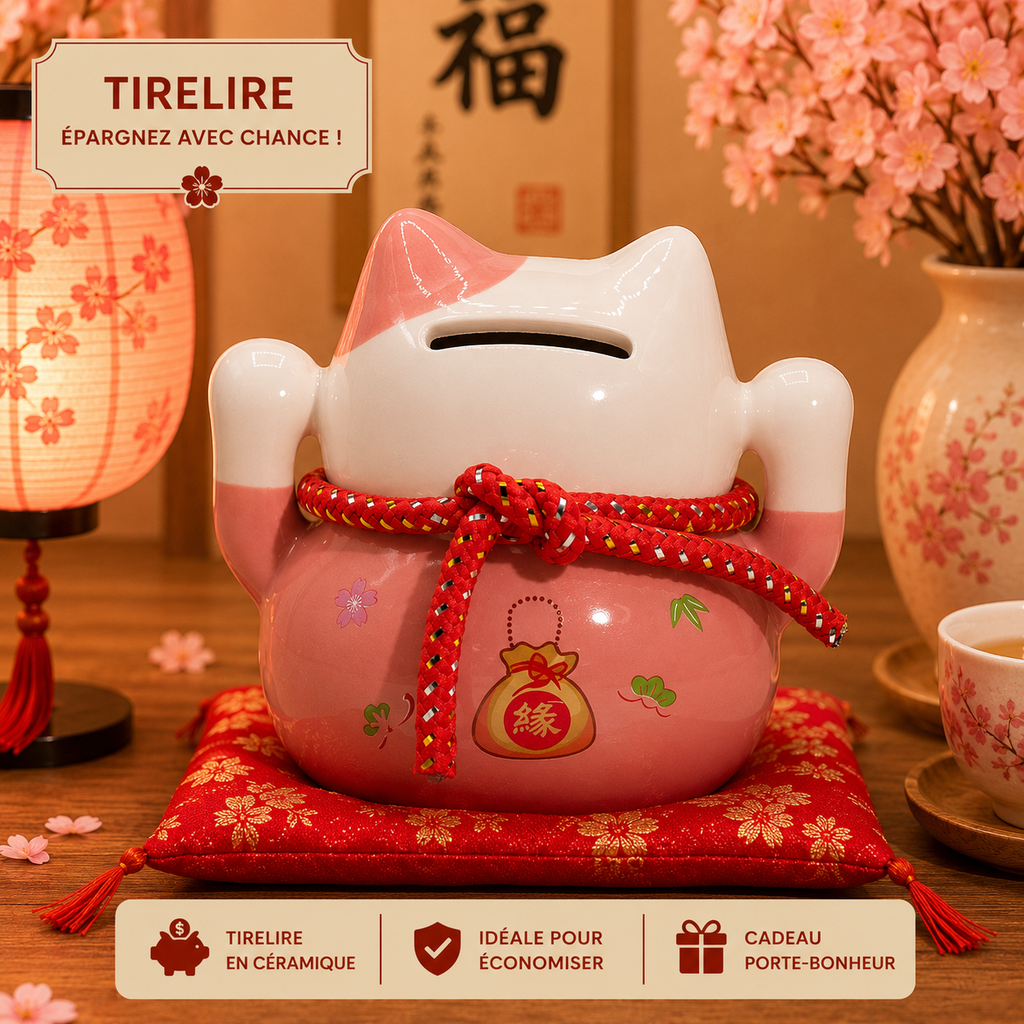 Tirelire Maneki neko en céramique sur coussin - Rose