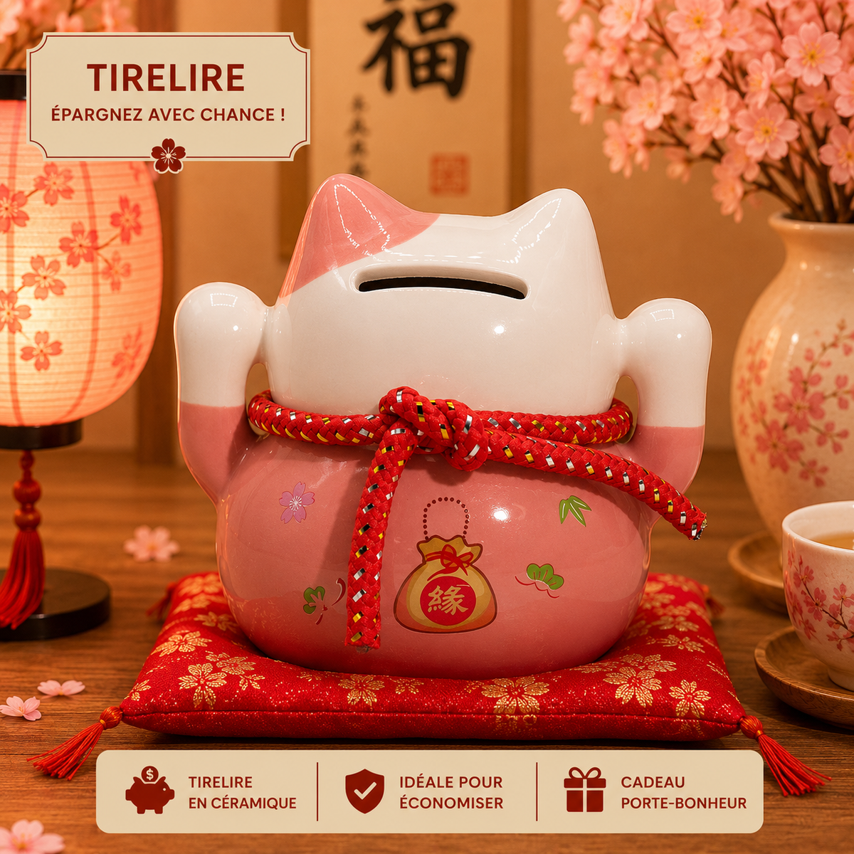 Tirelire Maneki neko en céramique sur coussin - Rose