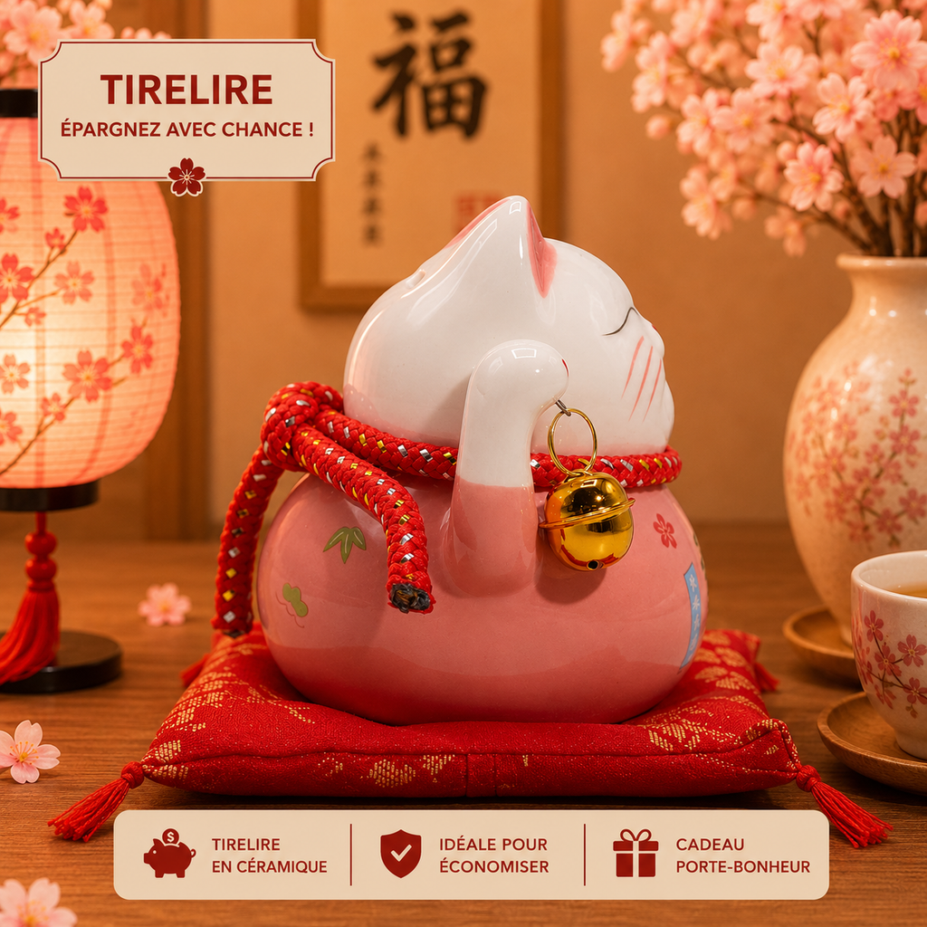 Tirelire Maneki neko en céramique sur coussin - Rose