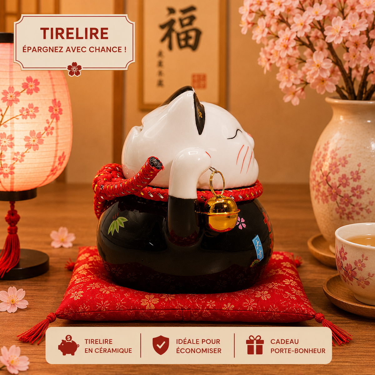 Tirelire Maneki neko en céramique sur coussin - Noir