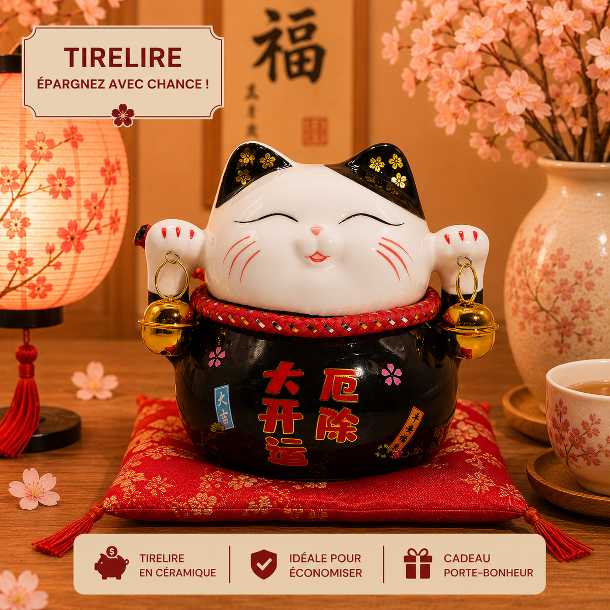 Tirelire Maneki neko en céramique sur coussin - Noir