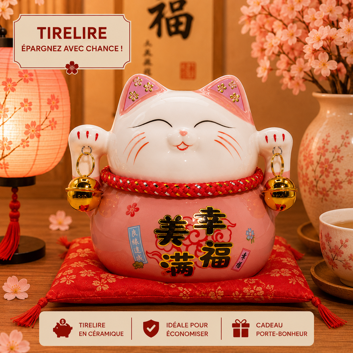 Tirelire Maneki neko en céramique sur coussin - Rose