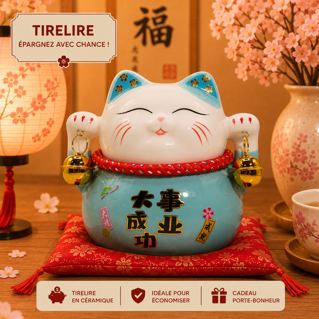 Tirelire Maneki neko en céramique sur coussin - Bleu