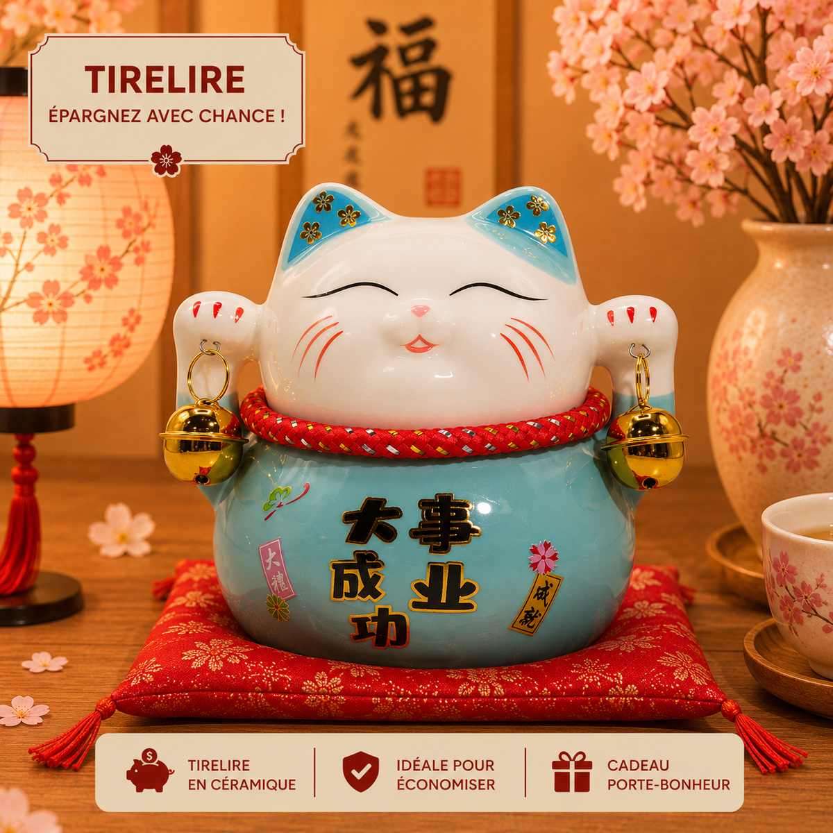 Tirelire Maneki neko en céramique sur coussin - Bleu
