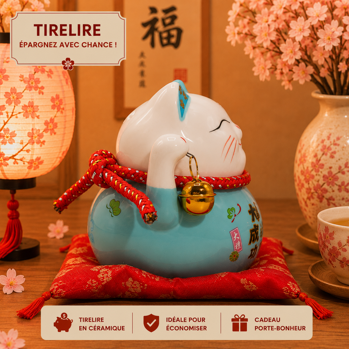 Tirelire Maneki neko en céramique sur coussin - Bleu