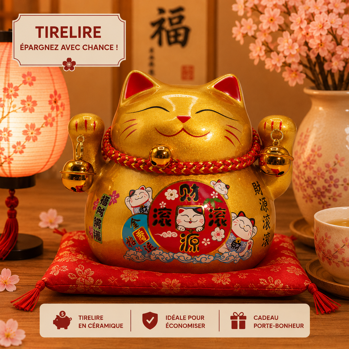 Tirelire Maneki neko en céramique sur coussin - Or