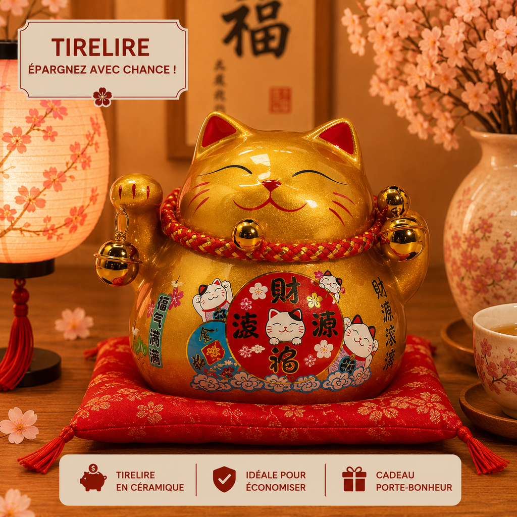 Tirelire Maneki neko en céramique sur coussin - Or
