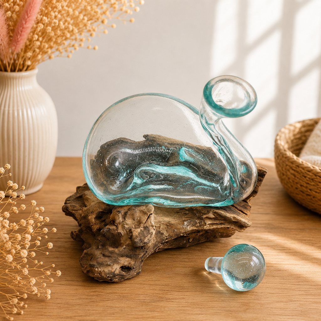Carafe canard en verre fondu sur bois avec bouchon (100 g d'éclats d'aventurine verte & pierre de lune offerts)