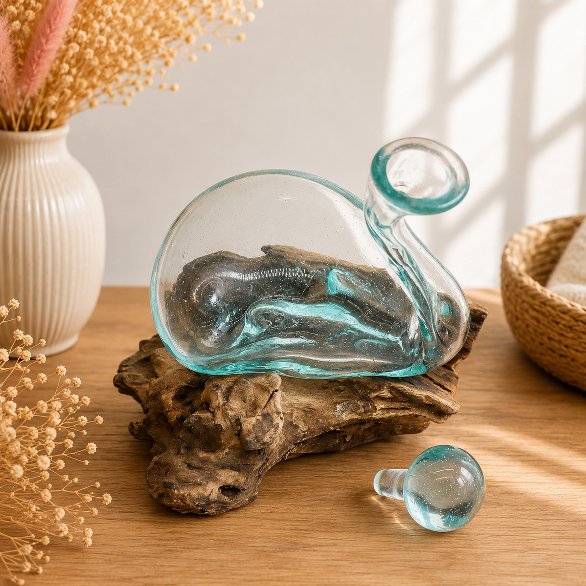 Carafe canard en verre fondu sur bois avec bouchon (100 g d'éclats d'aventurine verte & pierre de lune offerts)