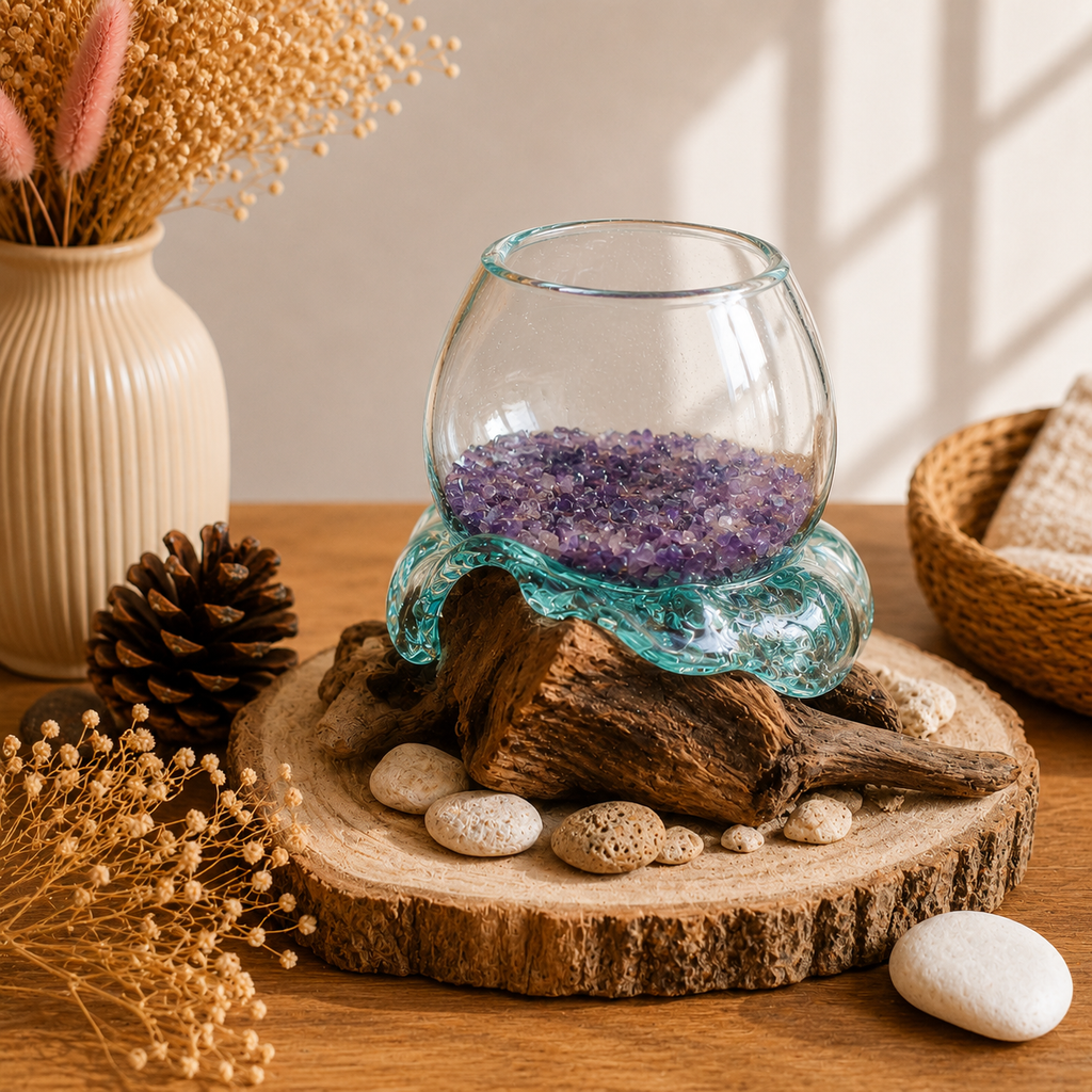 Mini bol à poisson rouge en verre fondu sur bois