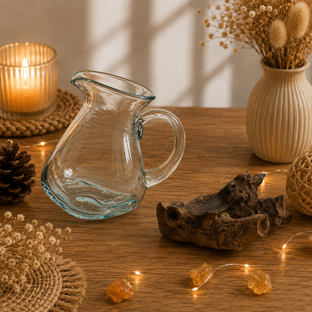 Vase en verre soufflé sur racine - Carafe d'eau (100 g d'éclats d'aventurine verte & pierre de lune offerts)