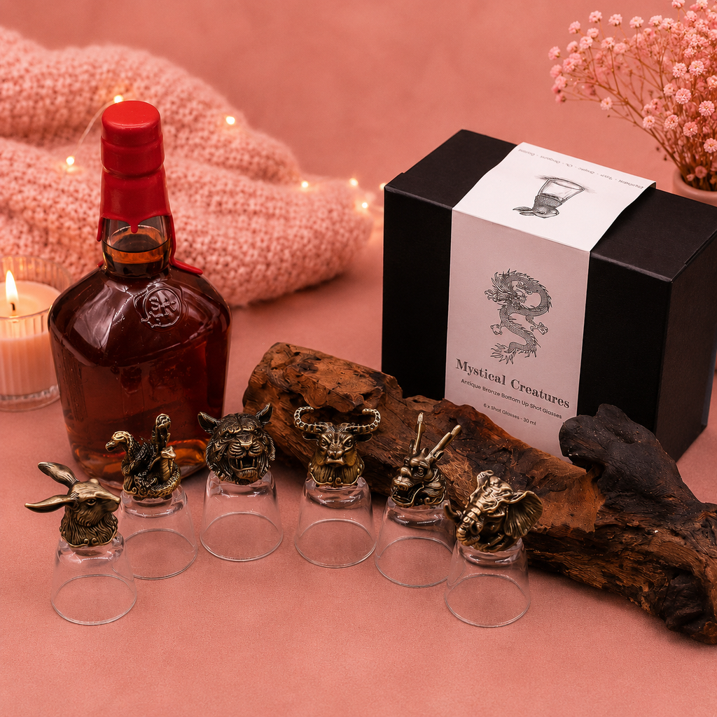 Coffret 6 Verres à shot bottom up (50 ml) - Créatures mystiques - Bronze antique
