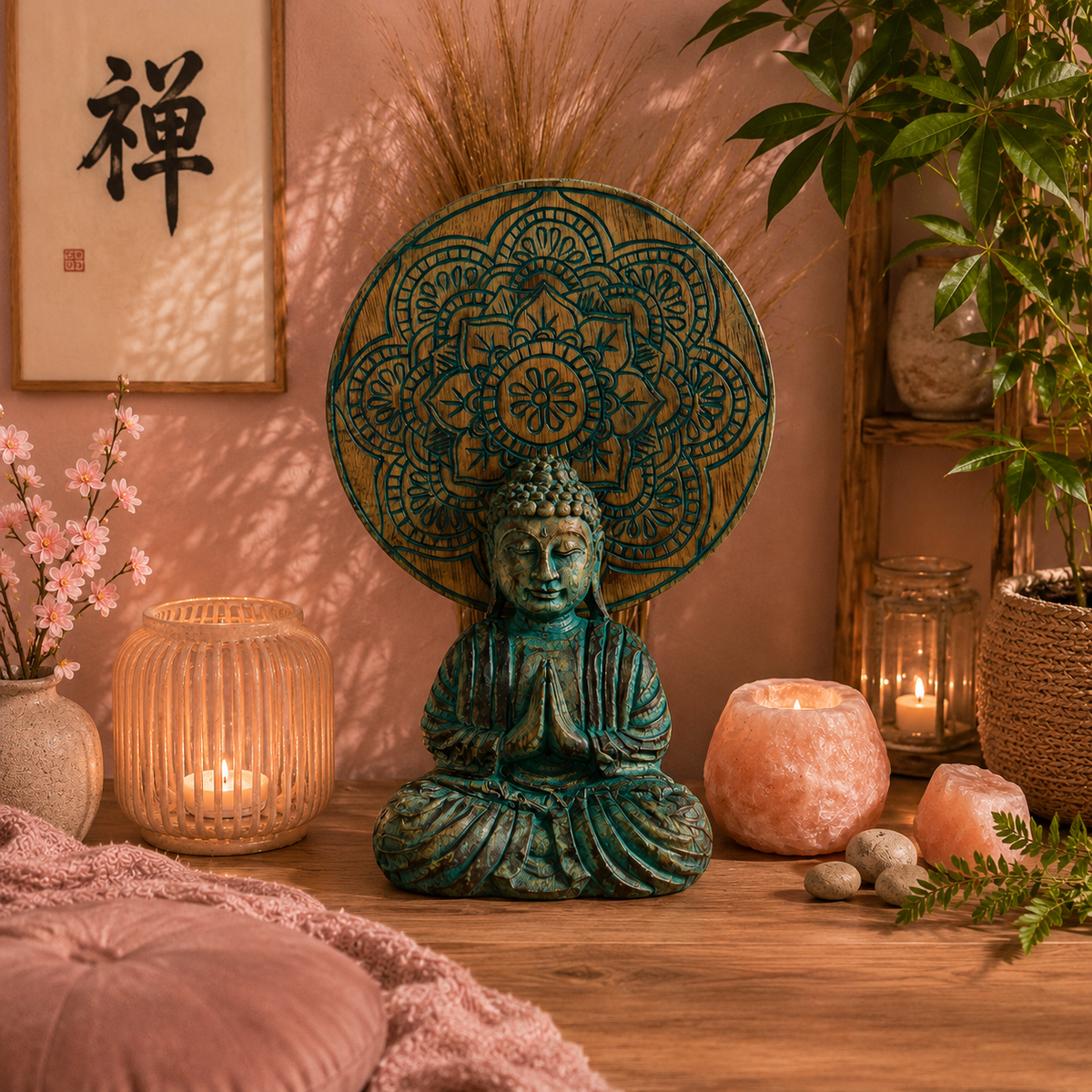 Ensemble Bouddha Feng Shui - Mandala ou Nœud Bouddha - Vert