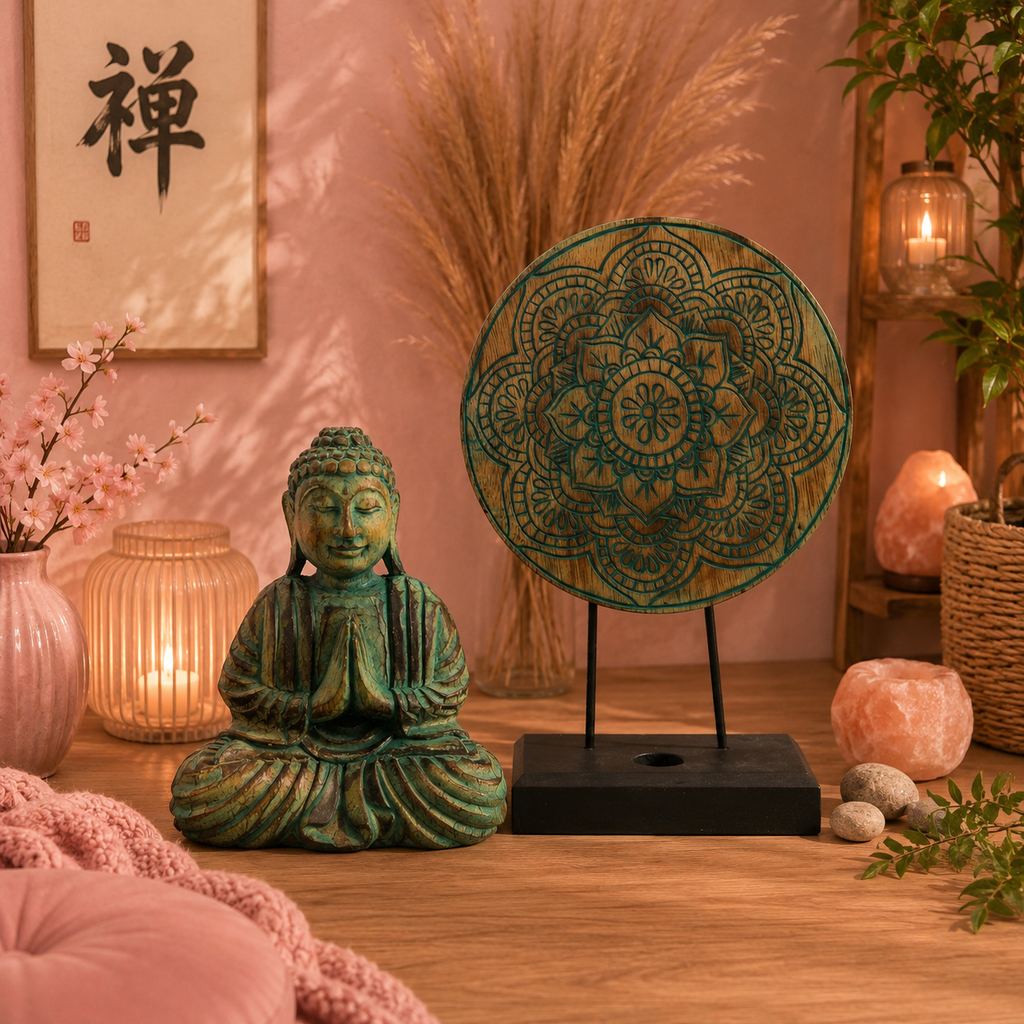 Ensemble Bouddha Feng Shui - Mandala ou Nœud Bouddha - Vert