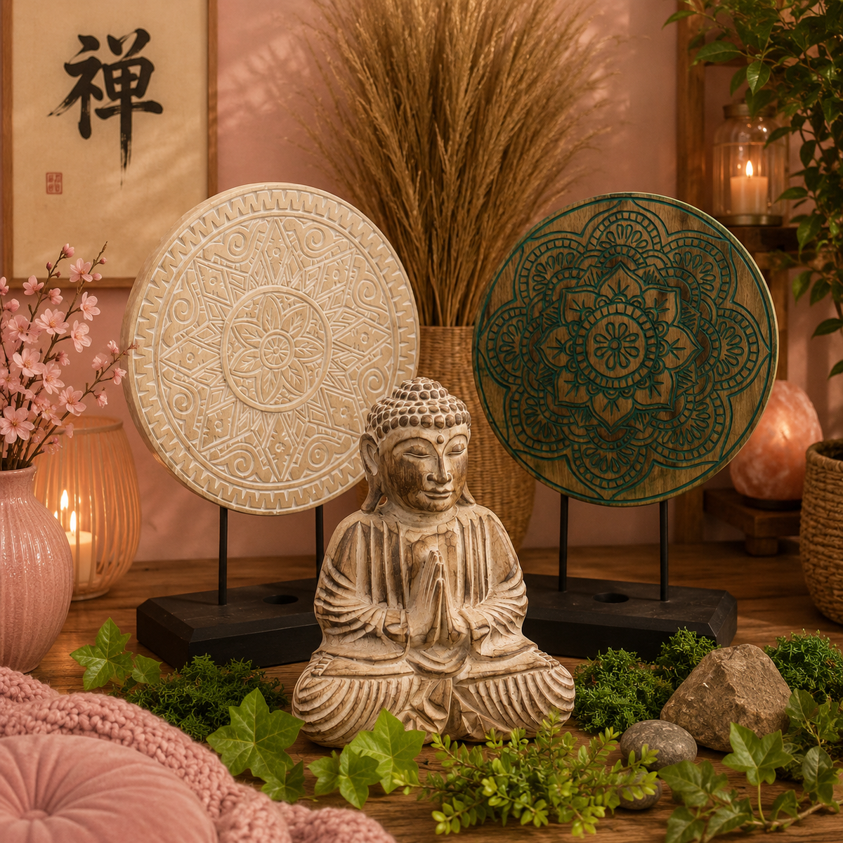 Ensemble Bouddha Feng Shui - Mandala classique - Naturel (stock limité)