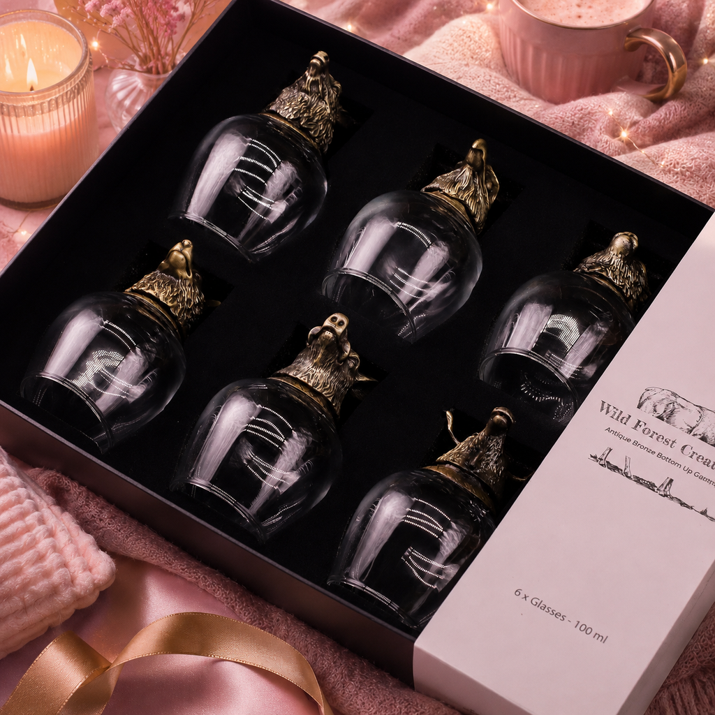 Coffret 6 Verres à shot bottom up (100 ml) - Créatures sauvages de la forêt - Bronze antique