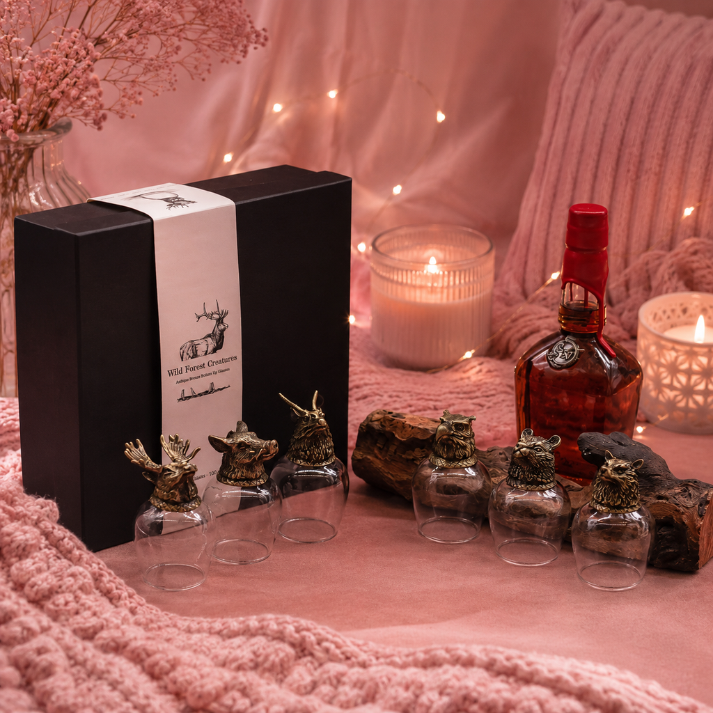 Coffret 6 Verres à shot bottom up (100 ml) - Créatures sauvages de la forêt - Bronze antique