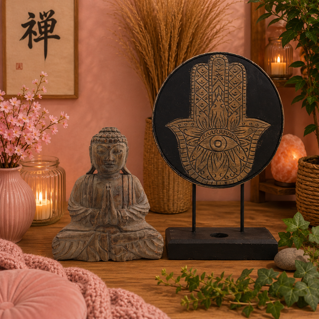 Ensemble Bouddha Feng Shui - Main de Fatma - Gris