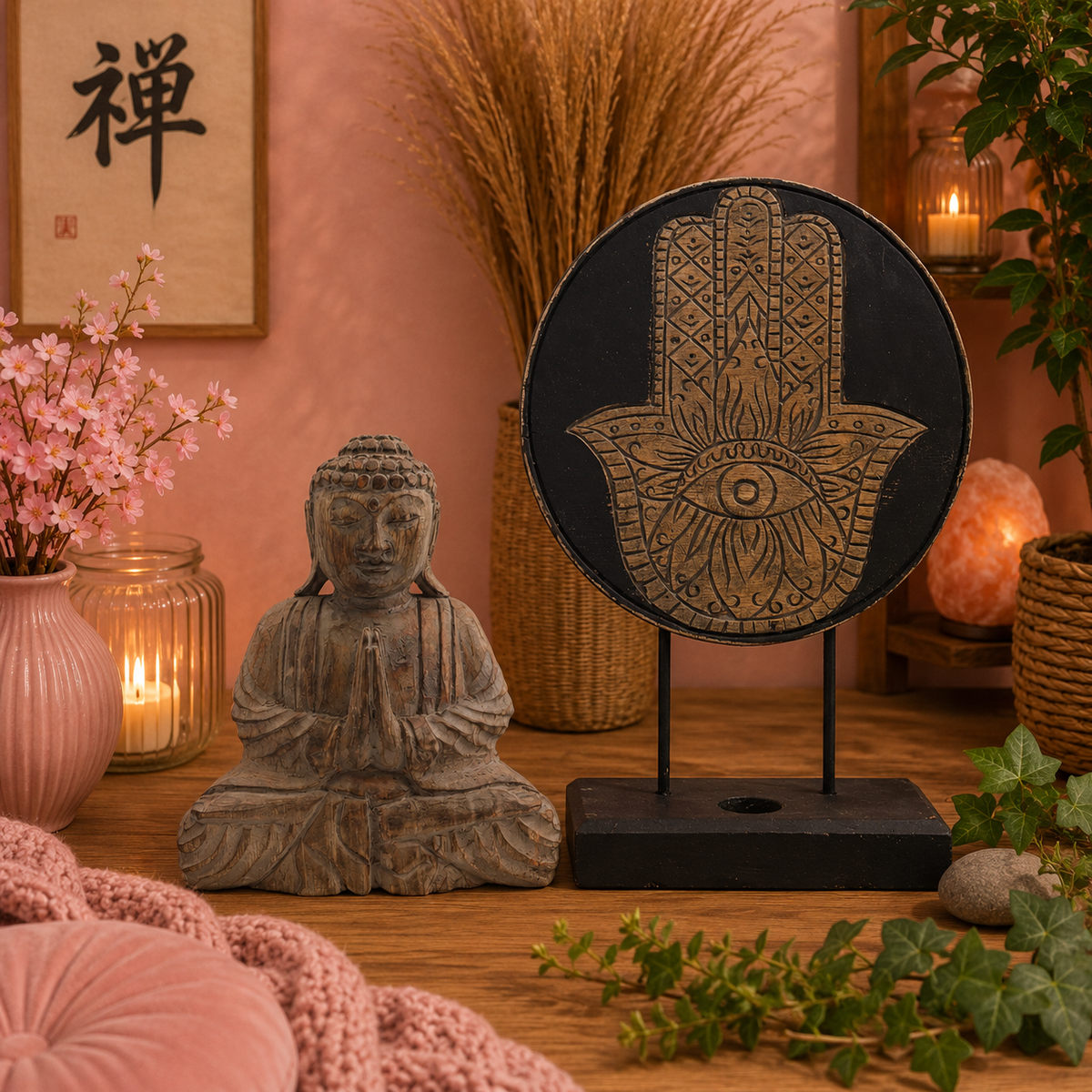 Ensemble Bouddha Feng Shui - Main de Fatma - Gris