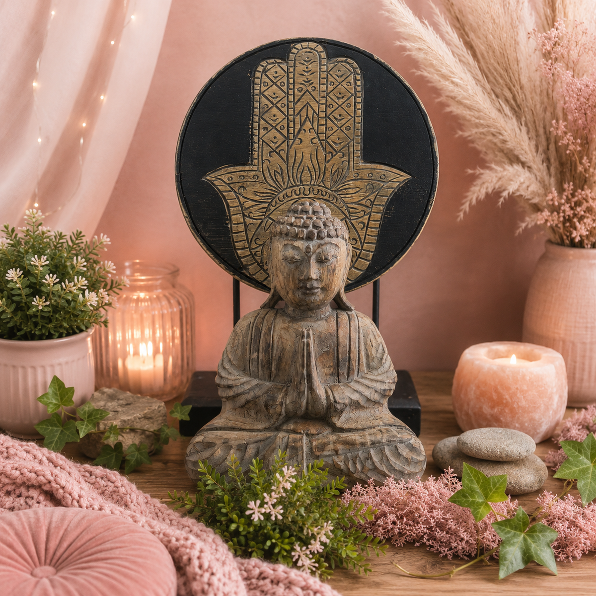 Ensemble Bouddha Feng Shui - Main de Fatma - Gris