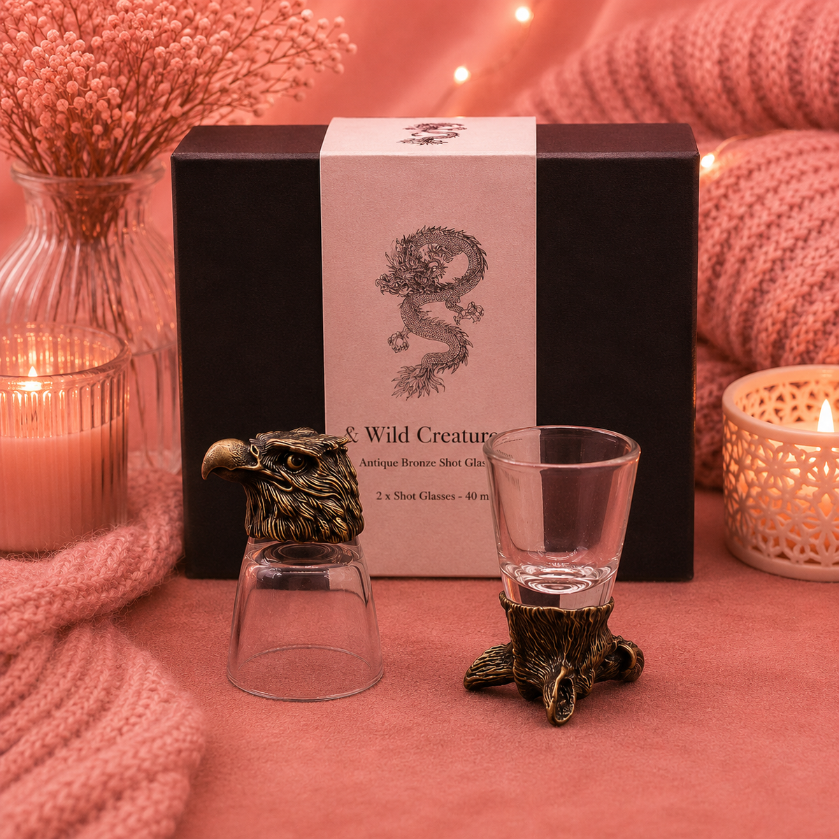 Coffret 6 Verres à shot bottom up (50 ml) - Créatures sauvages de la forêt - Bronze antique