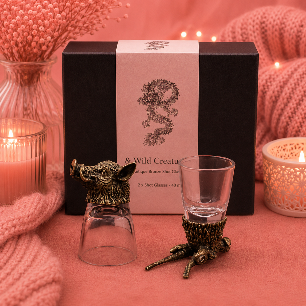 Coffret 6 Verres à shot bottom up (50 ml) - Créatures sauvages de la forêt - Bronze antique