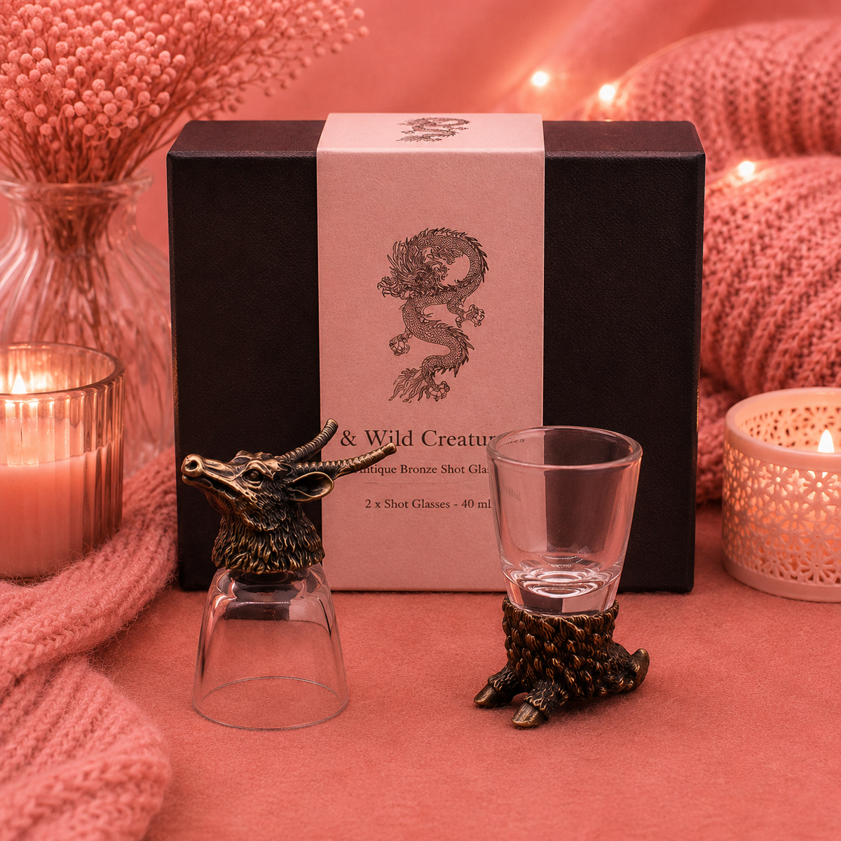 Coffret 6 Verres à shot bottom up (50 ml) - Créatures sauvages de la forêt - Bronze antique
