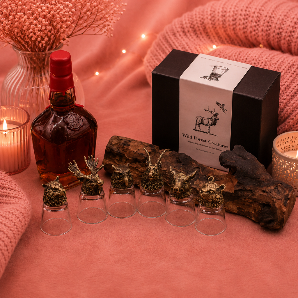 Coffret 6 Verres à shot bottom up (50 ml) - Créatures sauvages de la forêt - Bronze antique