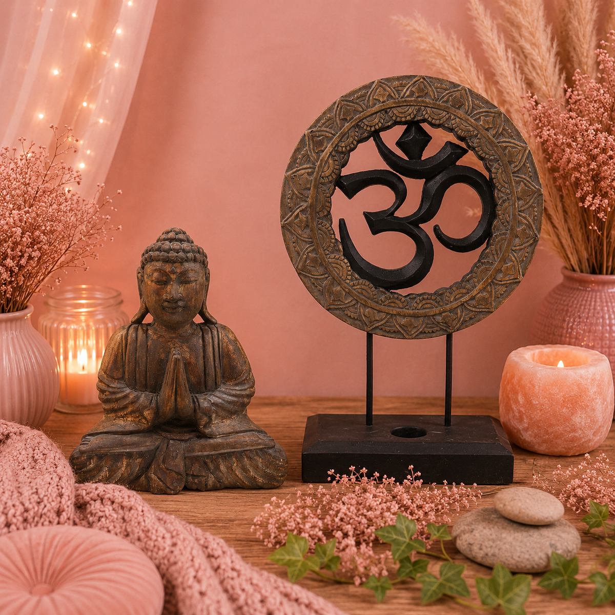 Ensemble Bouddha Feng Shui - Om - Gris & noir