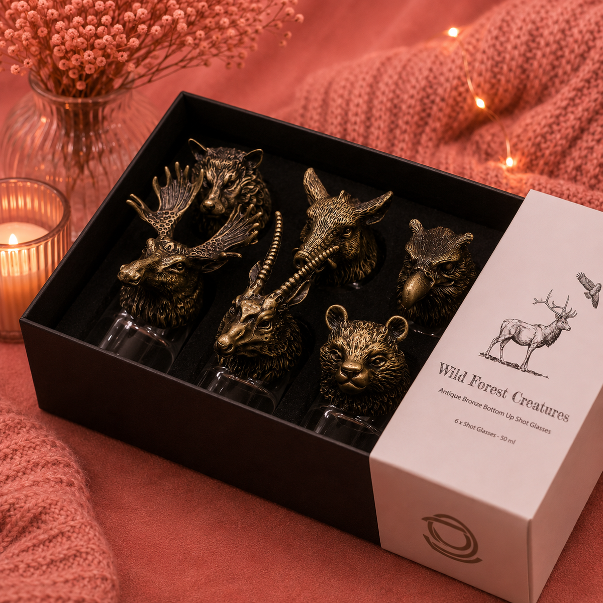 Coffret 6 Verres à shot bottom up (50 ml) - Créatures sauvages de la forêt - Bronze antique