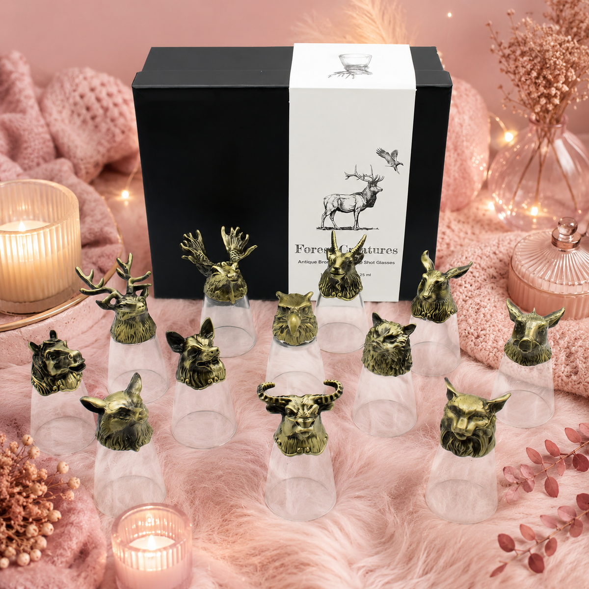 Coffret 12 verres à shot bottom up (25 ml) - Créatures sauvages de la forêt et mystiques - Bronze antique