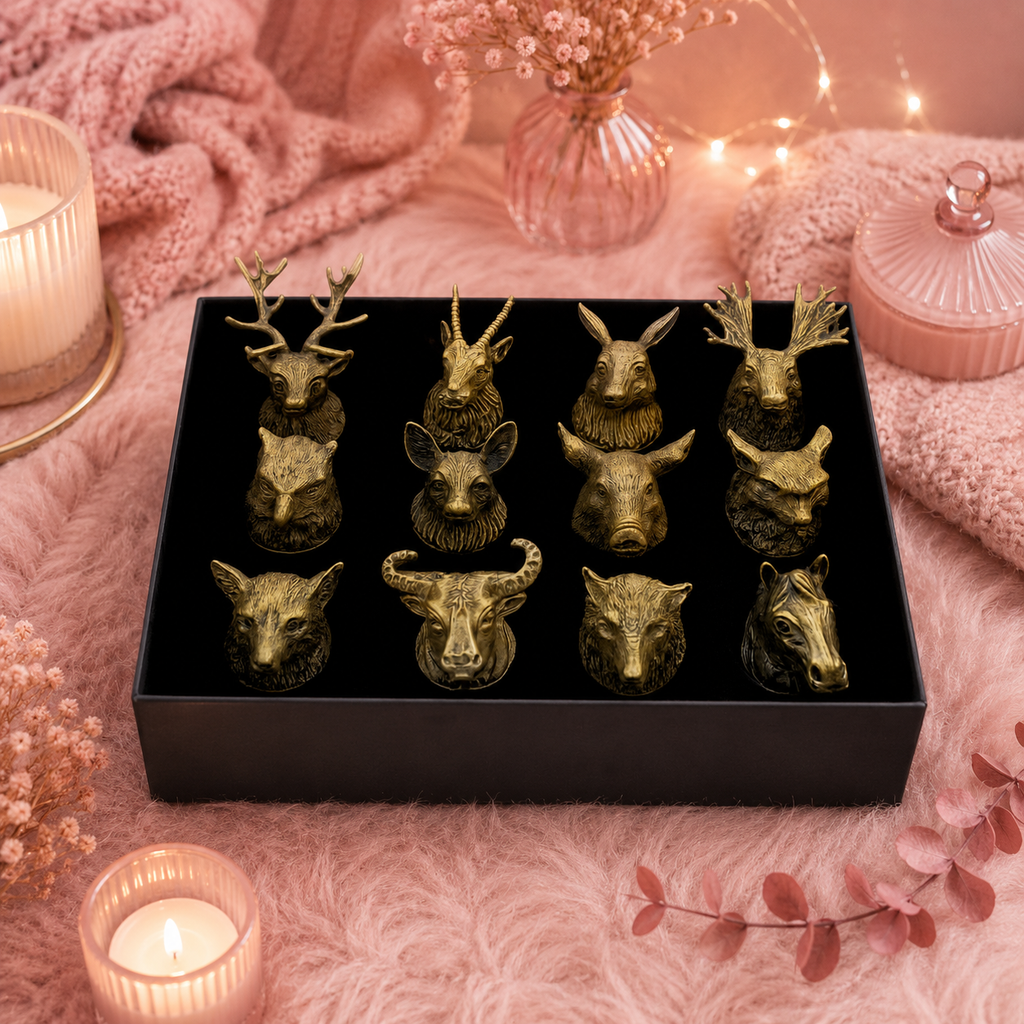 Coffret 12 verres à shot bottom up (25 ml) - Créatures sauvages de la forêt et mystiques - Bronze antique