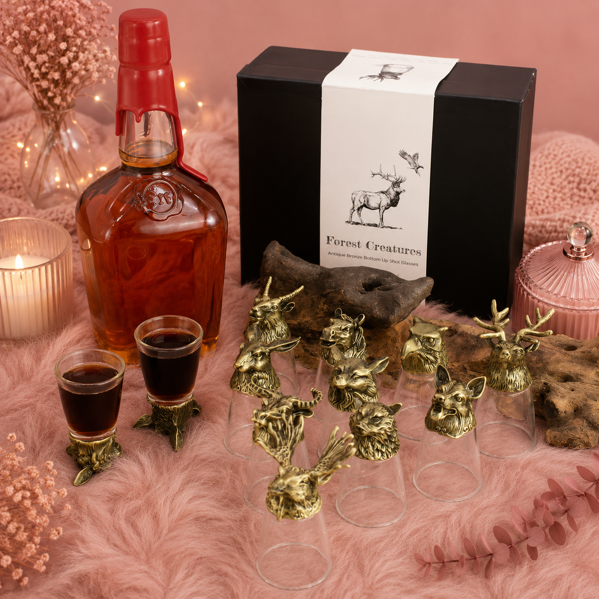 Coffret 12 verres à shot bottom up (25 ml) - Créatures sauvages de la forêt et mystiques - Bronze antique