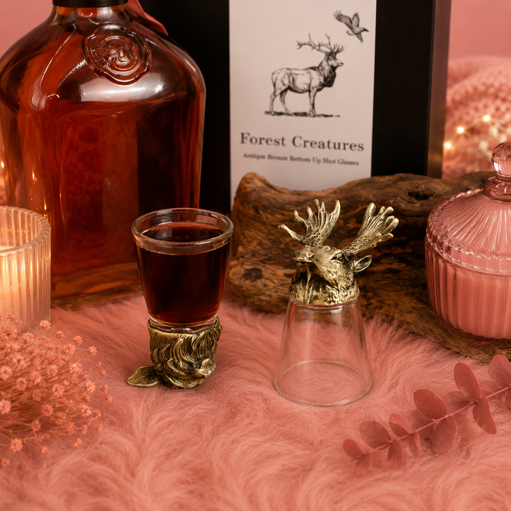 Coffret 12 verres à shot bottom up (25 ml) - Créatures sauvages de la forêt et mystiques - Bronze antique