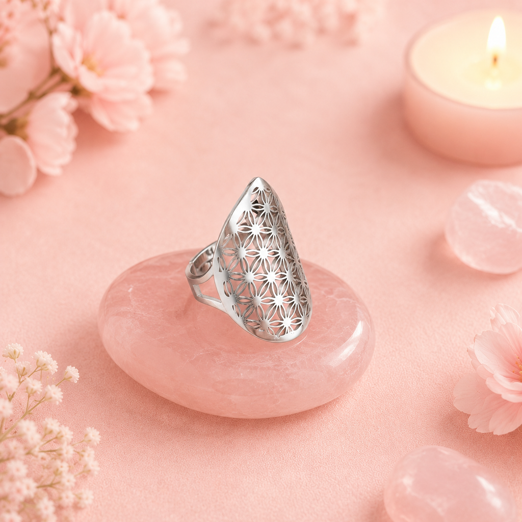 Bague Fleur de vie ajustable - Acier inoxydable