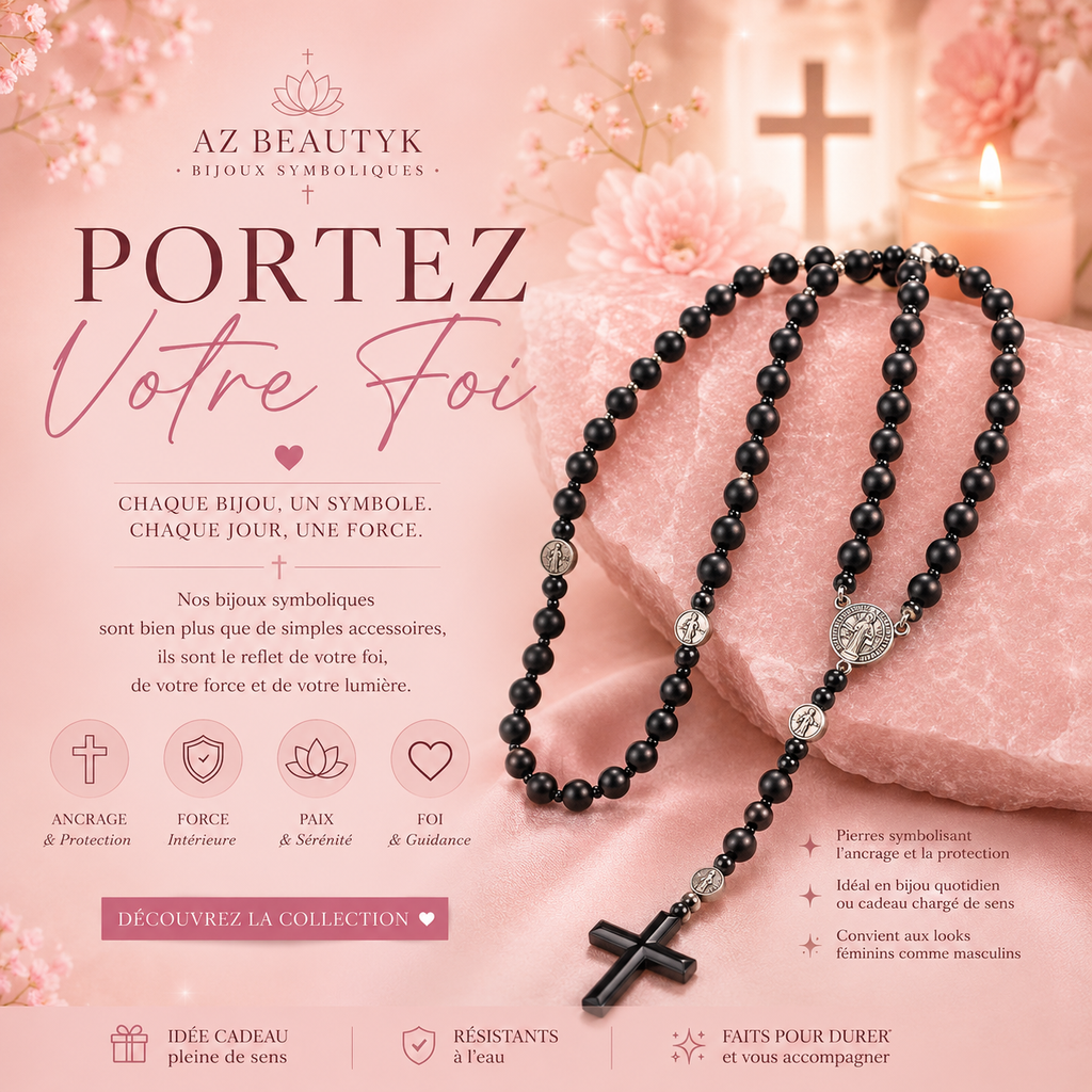 Collier chapelet croix en pierre biliaire volcanique noire (plusieurs variantes)