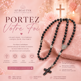 Collier chapelet croix en pierre biliaire volcanique noire (plusieurs variantes)