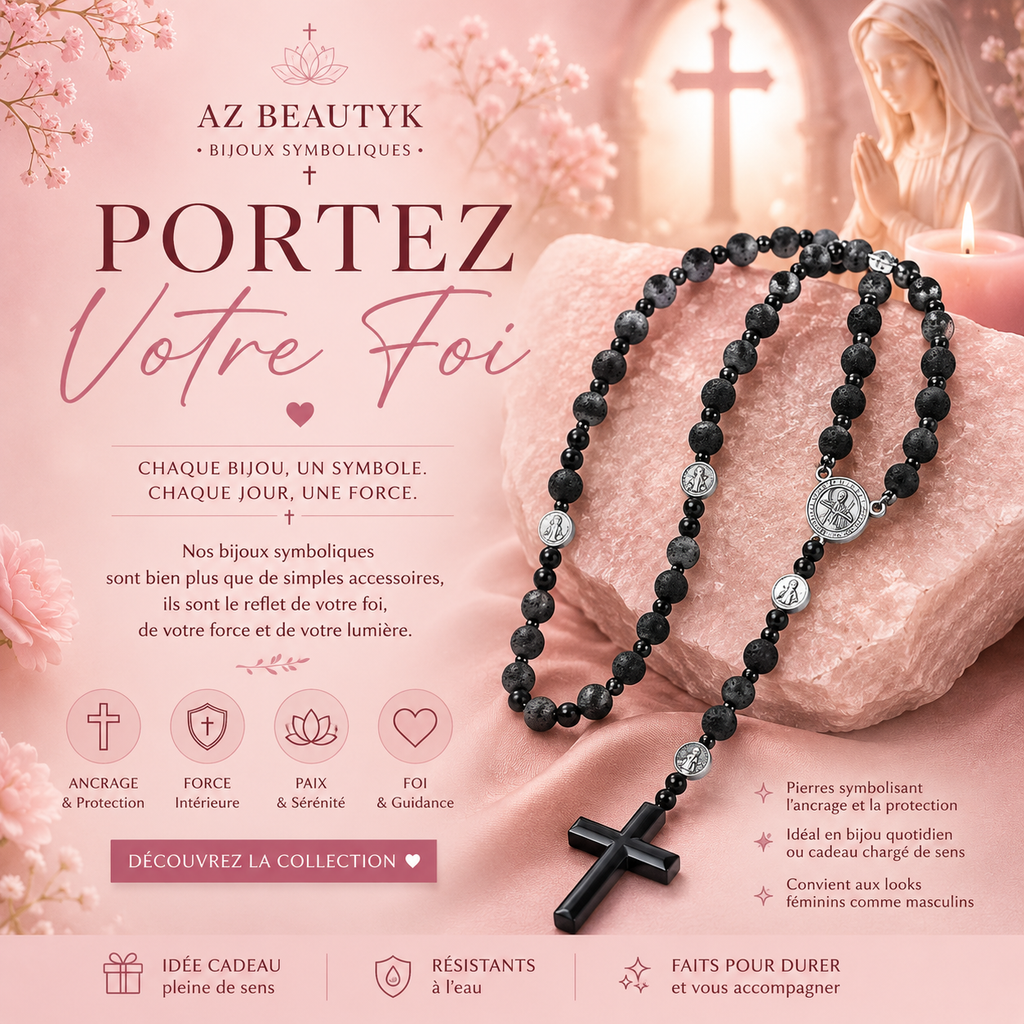 Collier chapelet croix en pierre biliaire volcanique noire (plusieurs variantes)