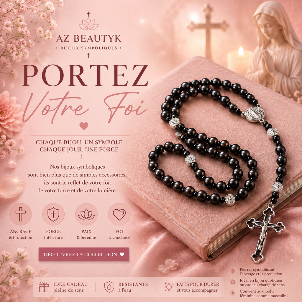Collier chapelet croix en pierre biliaire volcanique noire (plusieurs variantes)