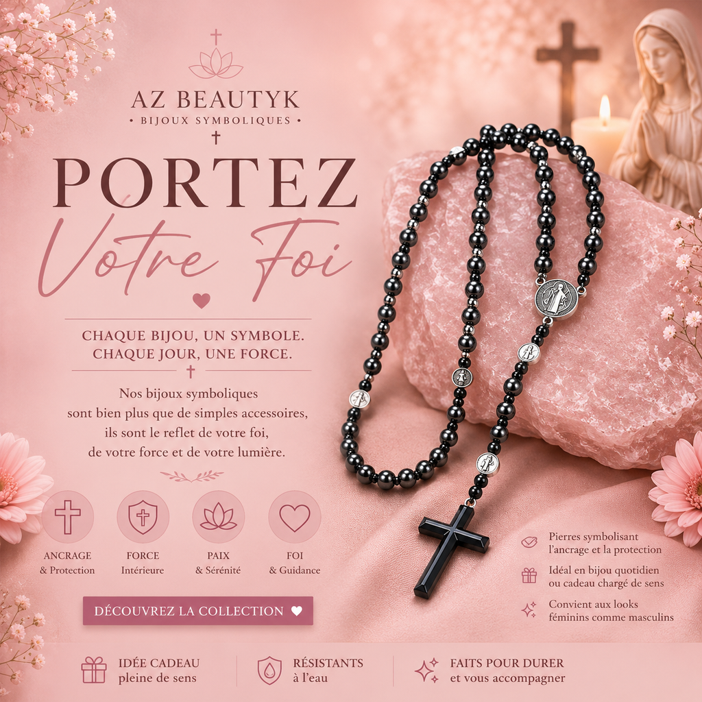 Collier chapelet croix en pierre biliaire volcanique noire (plusieurs variantes)