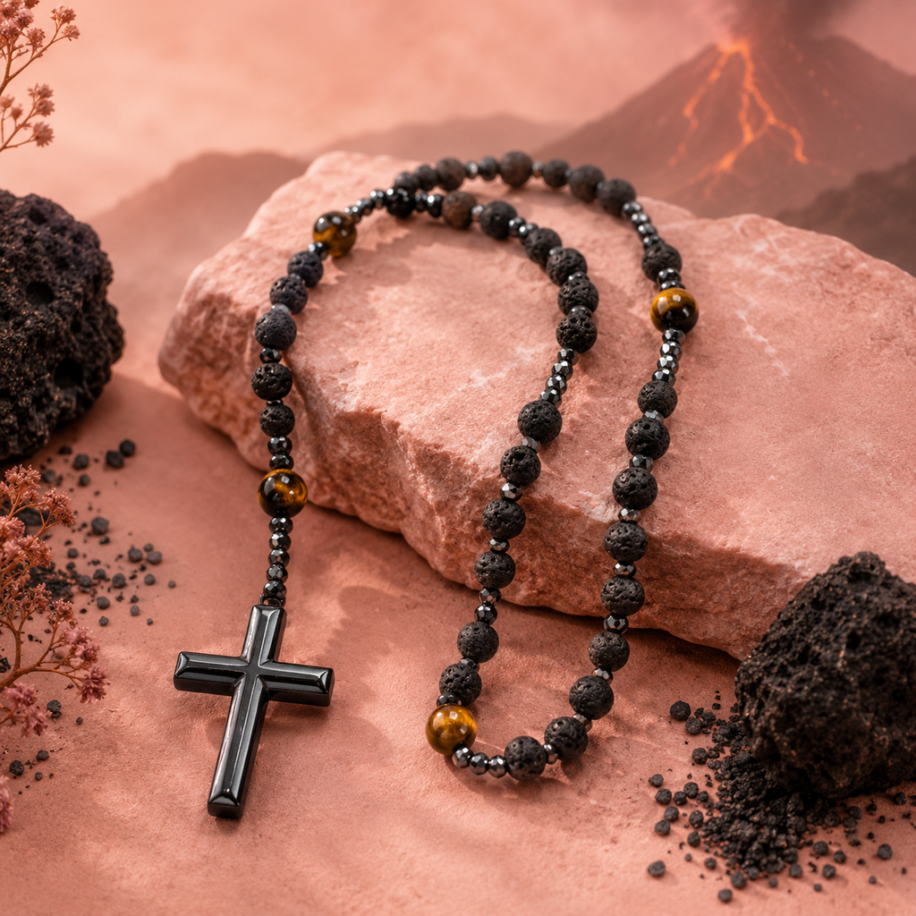 Collier croix en fer en forme d'œil de tigre jaune – Roche volcanique (plusieurs variantes)