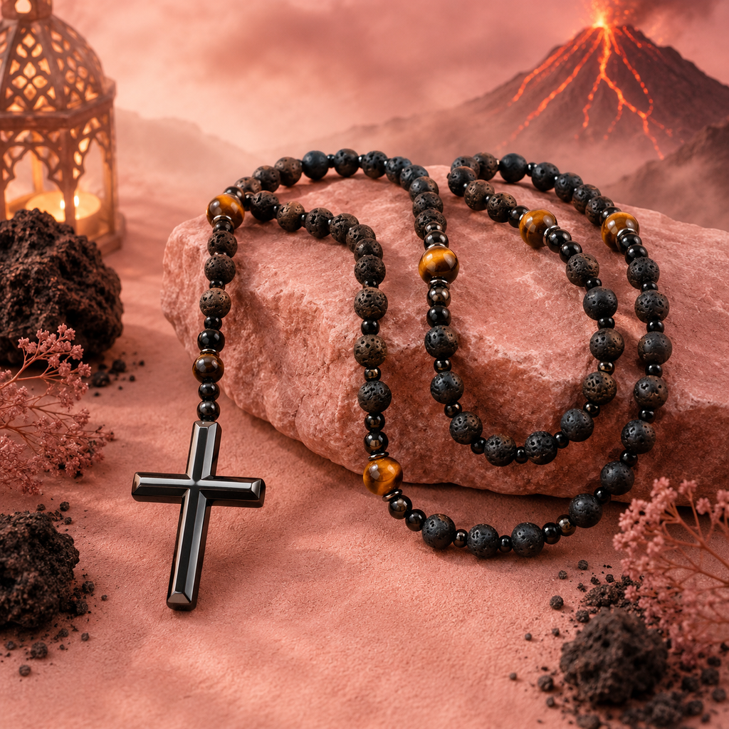 Collier croix en fer en forme d'œil de tigre jaune – Roche volcanique (plusieurs variantes)