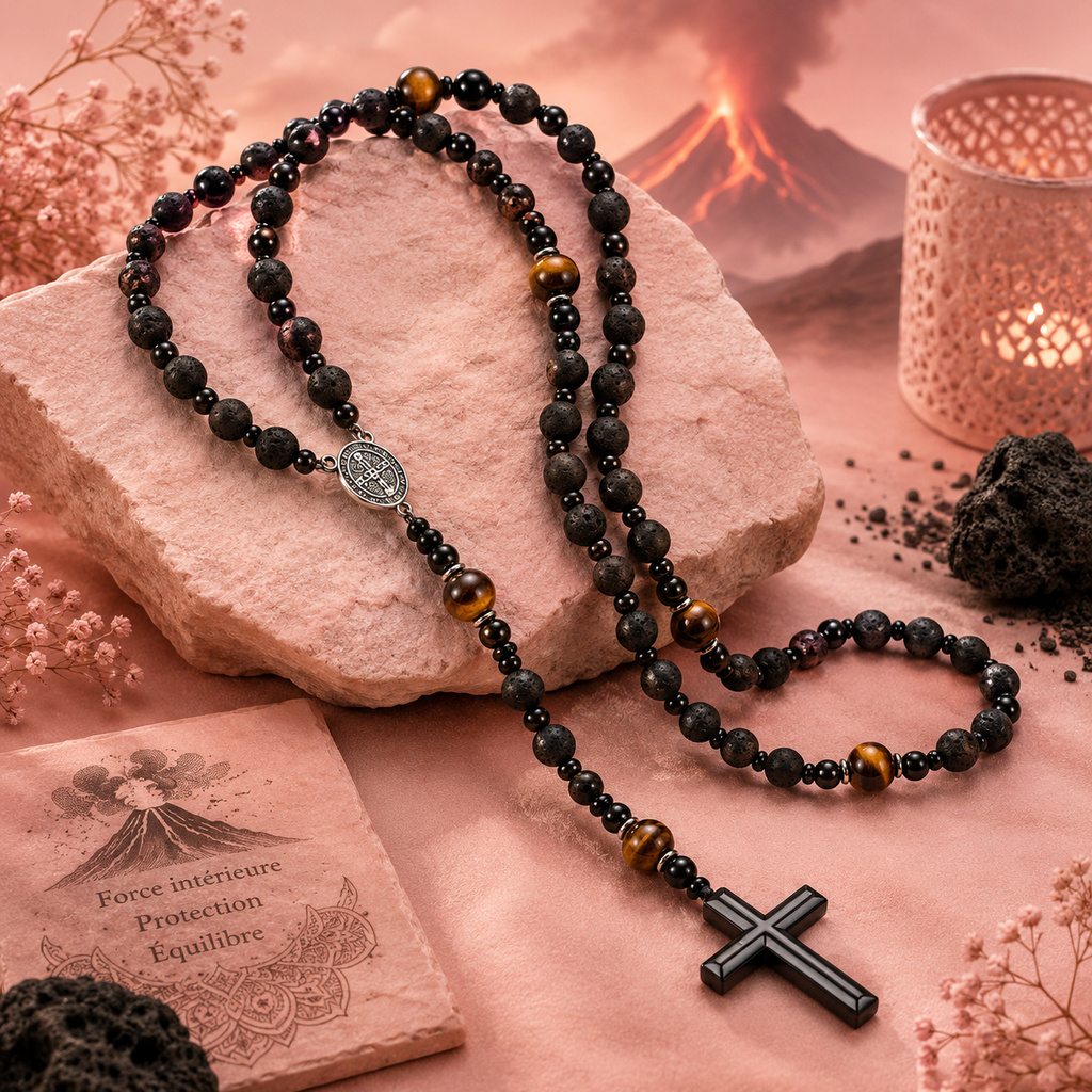 Collier croix en fer en forme d'œil de tigre jaune – Roche volcanique (plusieurs variantes)