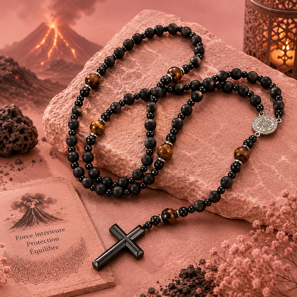 Collier croix en fer en forme d'œil de tigre jaune – Roche volcanique (plusieurs variantes)
