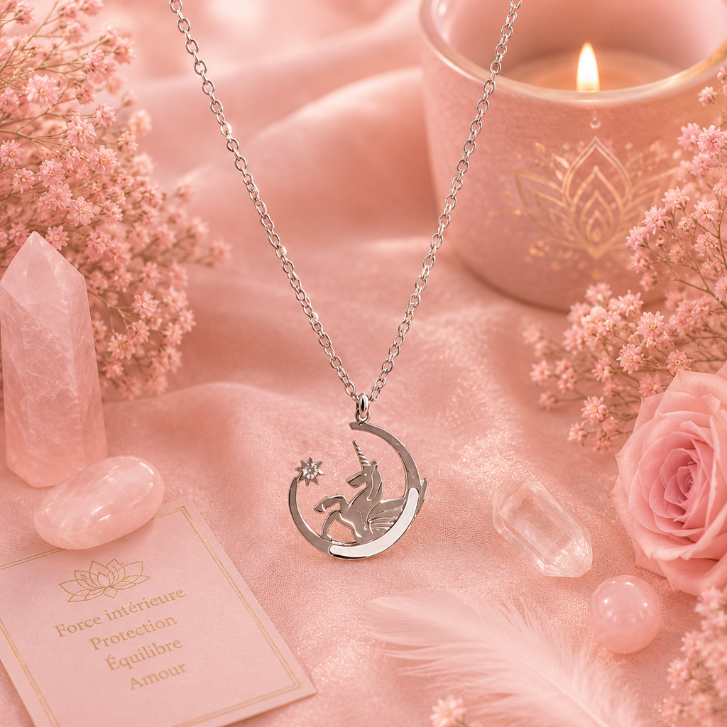 Collier Pendentif Licorne et Lune Nacrée (2 couleurs)