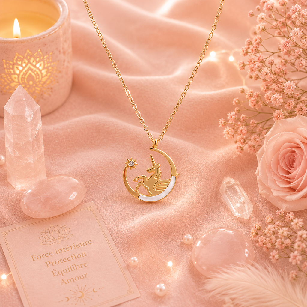 Collier Pendentif Licorne et Lune Nacrée (2 couleurs)