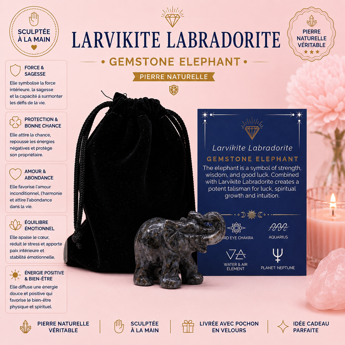 Éléphant porte-bonheur en pierres précieuses - 4 variantes